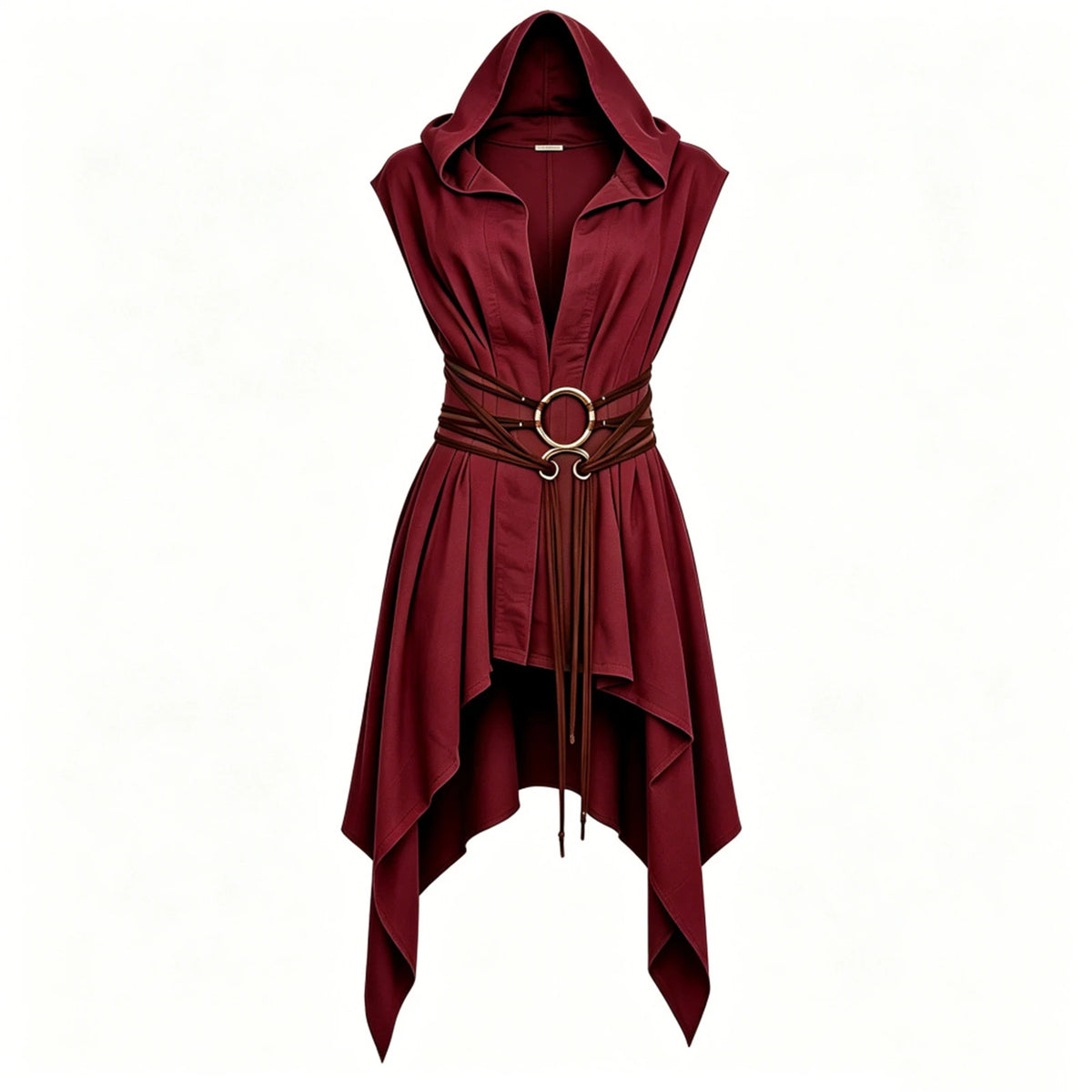 Women Irregular Hem Renaissance Elf Tunic Robe Medieval Ranger Hooded Sleeveless Cloak Belt for LARP Halloween Witch Hunter