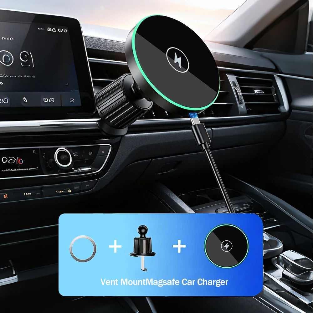 Car Magnetic Phone Holder 15W Magnetic Wireless Charger Phone Mount  LED Lights Magsafe Charger for iPhone Samsung Xiaomi