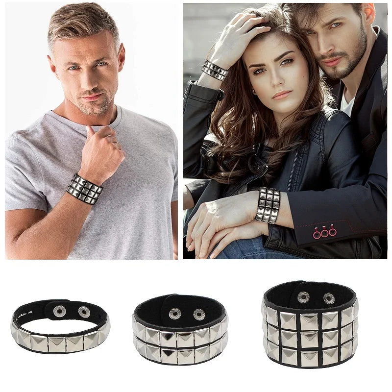 Leather Punk Spike Rock Studded Bracelet Goth Cuff Bracelet Gothic Rivet Buckle Wristband With Metal Chain Skull Accessories