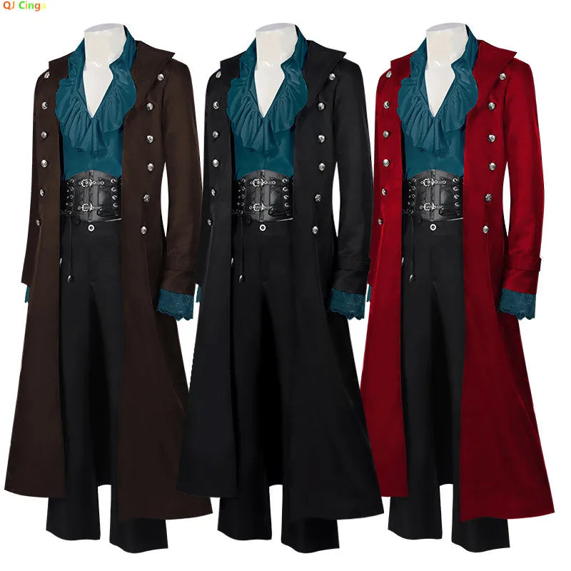 2026 New Steampunk Red Men's Vintage Long Jacket, Black Gothic Trench Coat, Blue Stage Performance Overcoat.