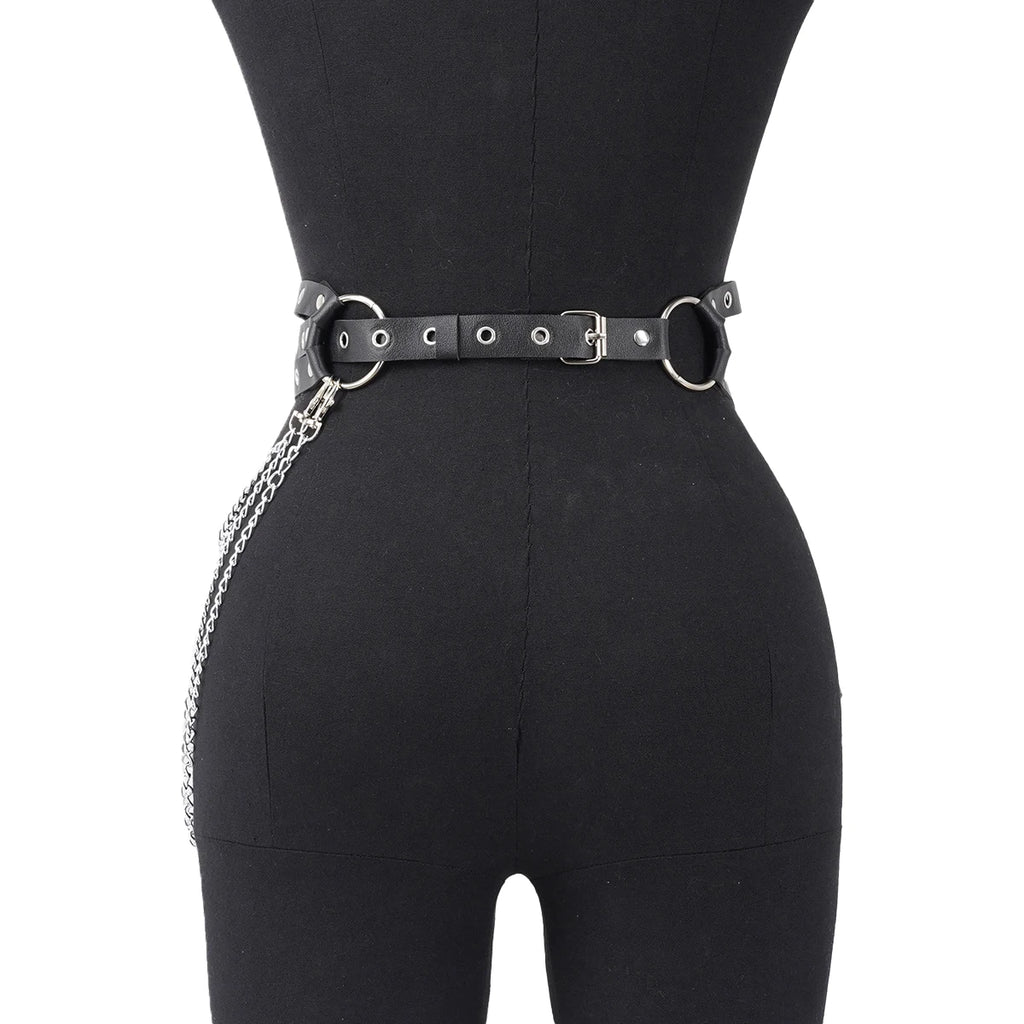 Punk Gothic Adjustable Multi‑layer PU Leather Waist‑leg Harness Belt with Chain Decor for Women, Street‑style Body Chain Accesso