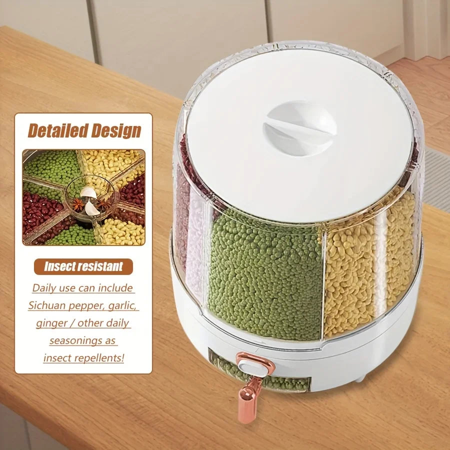 2026 6‑Compartment 360° Rotating Airtight Food Storage Container Moisture‑Proof Cereal Rice Dry Snack Kitchen Pantry Organizer