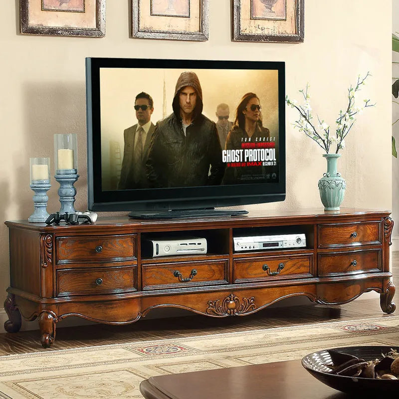 *American country solid wood, living room glass door European carved TV cabinet