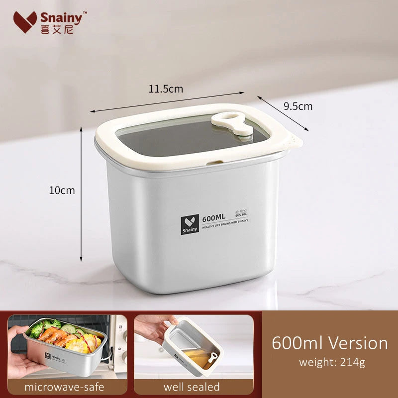 Snainy Pure 304 Stainless Steel Kitchen Fridge Oganizer Micro-vacuum Preservation Crisper Microwave-safe Glass Cover Bento Box