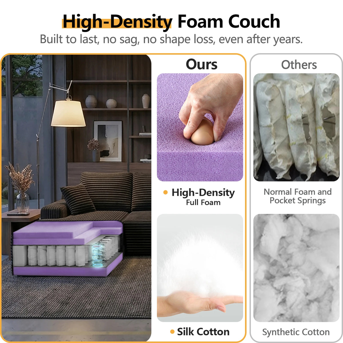 131'' Large Sectional Cloud Couch. Modular Corduroy Sofa Bed with Deep Seat.U-Shaped Boneless Sofa Couches for LivingRoom & Apartment, Bedroom. No Assembly Required