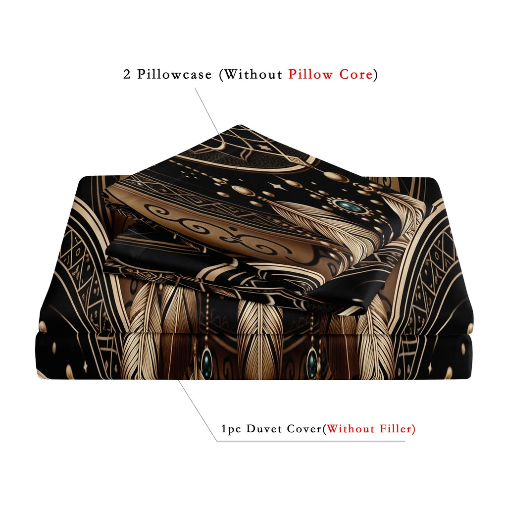 3pcs Dreamcatcher Feather Tribal Duvet Cover Bedding Set, Western Bead Print (1 Duvet Cover + 2 Pillowcases ) For Home & Dorm