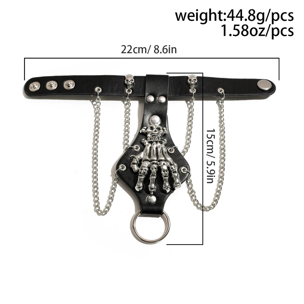 KunJoe Steampunk Skull Finger PU Leather Bracelet For Men Gothic Silver Color Link Chain Bracelets Bangles Rock Halloween