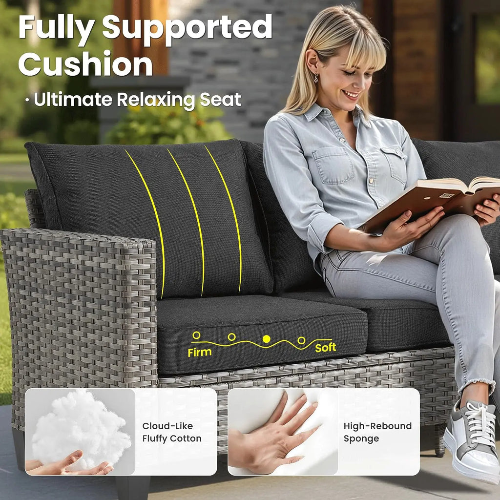 9 Pieces Patio Furniture Set, Outdoor Wicker Sofa Couch with Swivel Glider Chairs Fire Pit Table, Modern Deep Seat, Customized