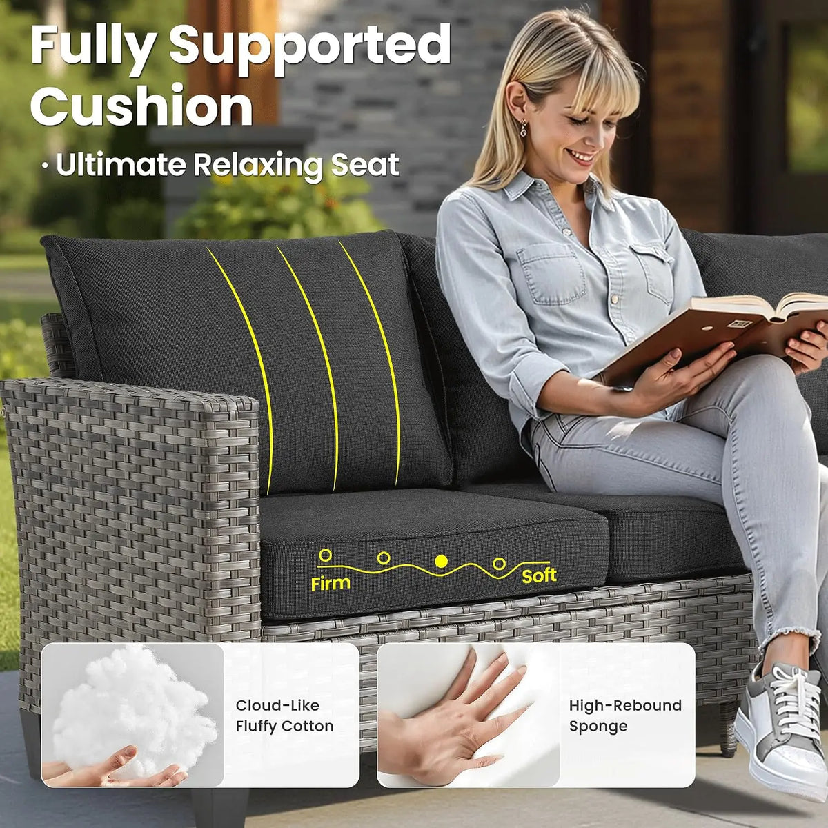 9 Pieces Patio Furniture Set, Outdoor Wicker Sofa Couch with Swivel Glider Chairs Fire Pit Table, Modern Deep Seat, Customized