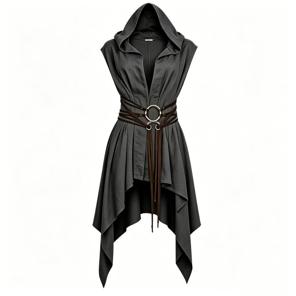 Women Irregular Hem Renaissance Elf Tunic Robe Medieval Ranger Hooded Sleeveless Cloak Belt for LARP Halloween Witch Hunter