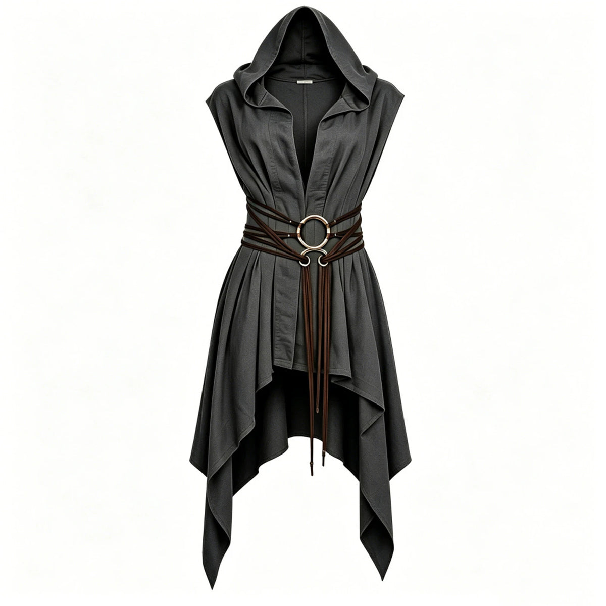 Women Irregular Hem Renaissance Elf Tunic Robe Medieval Ranger Hooded Sleeveless Cloak Belt for LARP Halloween Witch Hunter