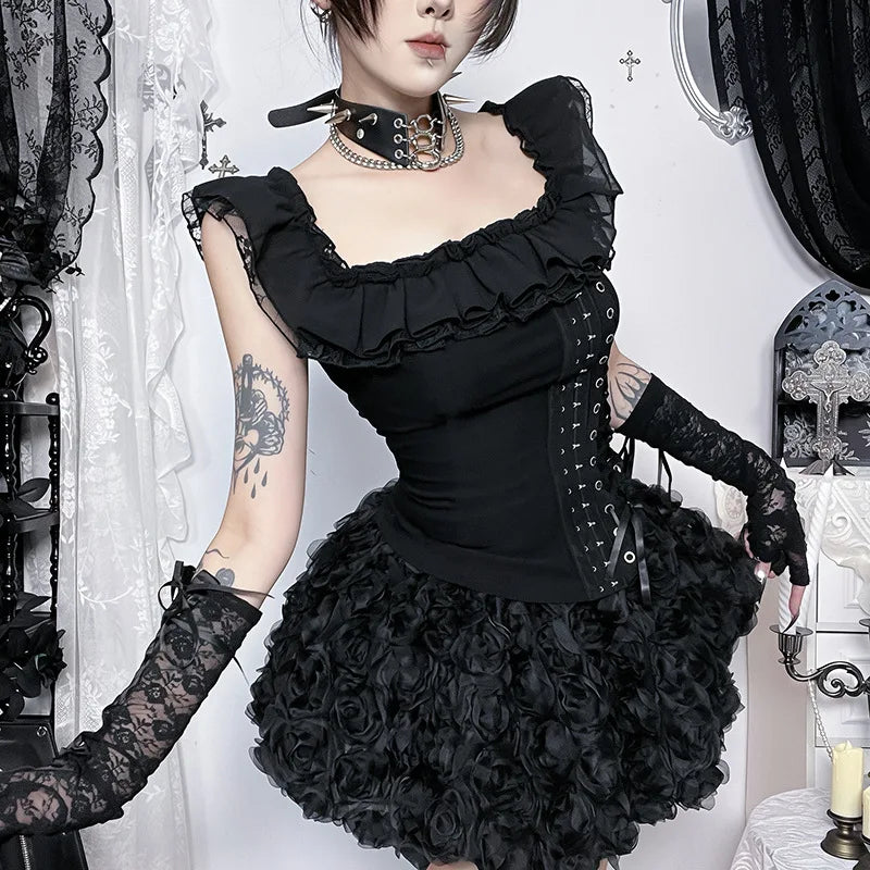Goth Dark Mall Gothic Solid Square Neck Corset Tops Lace Patchwork Kawaii Off Shoulder Tanks Top Trim Bandage Shirts Streetwear