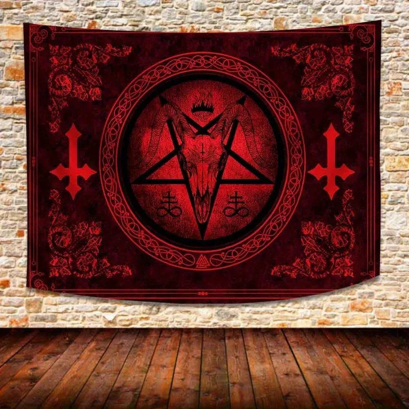 VIKAMA Baphomet Goat Head Tapestry, suitable for altar decoration. Ideal for living room or mystical bar decor.