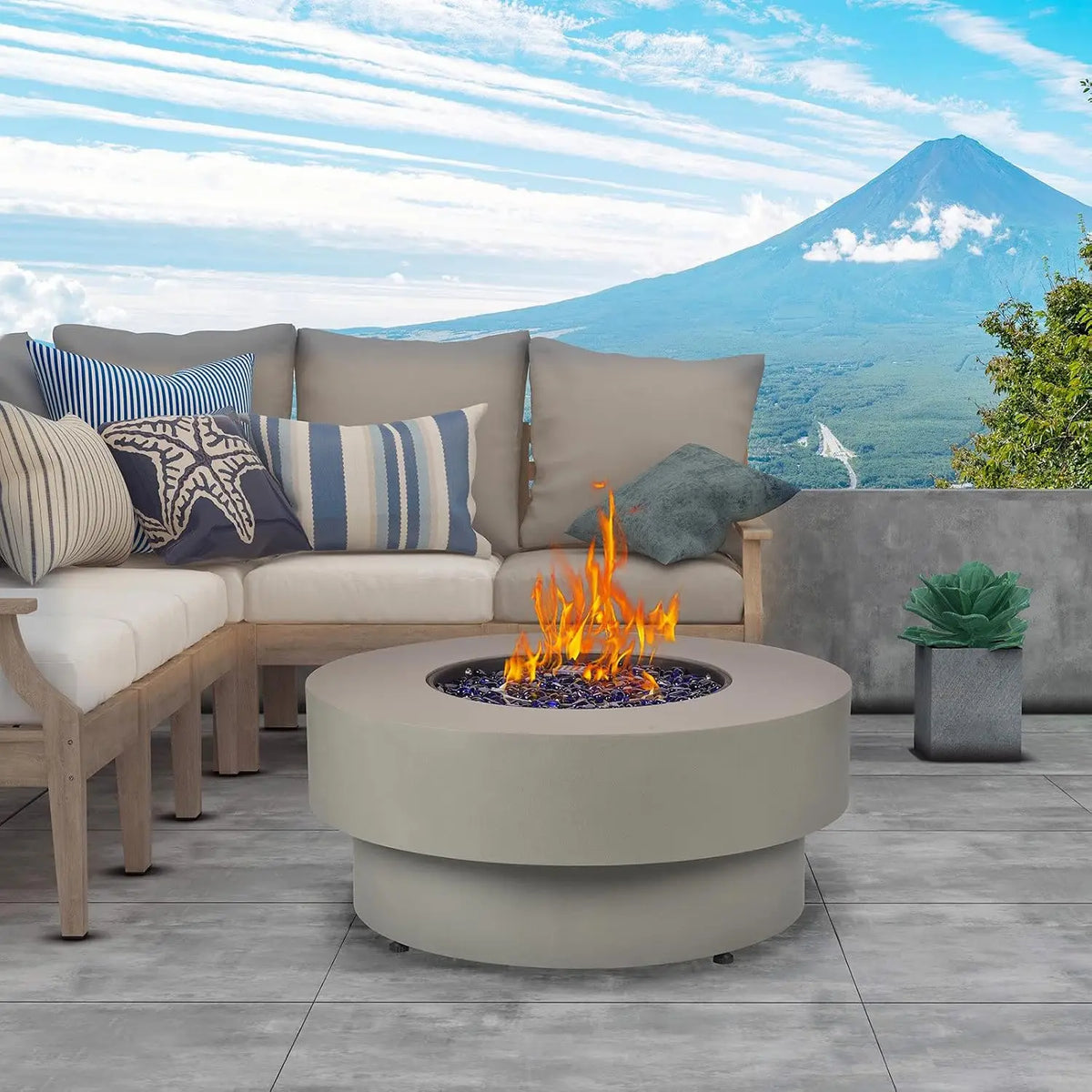 Propane Outdoor Fire Pit Table, Flint & Concrete Look 32-inch Round Patio Propane Fire Table 50,000 BTU w/Lid, Glass, Custom