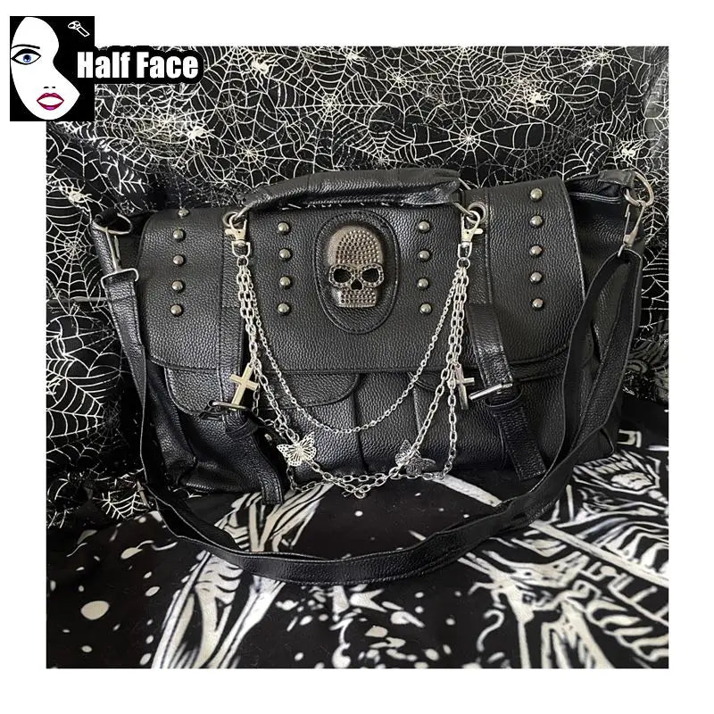 Y2K Spicy Girls Harajuku Gothic Punk Skeleton Head Chain Locomotive Subculture One Shoulder Lolita Women's Crossbody Bags Tote