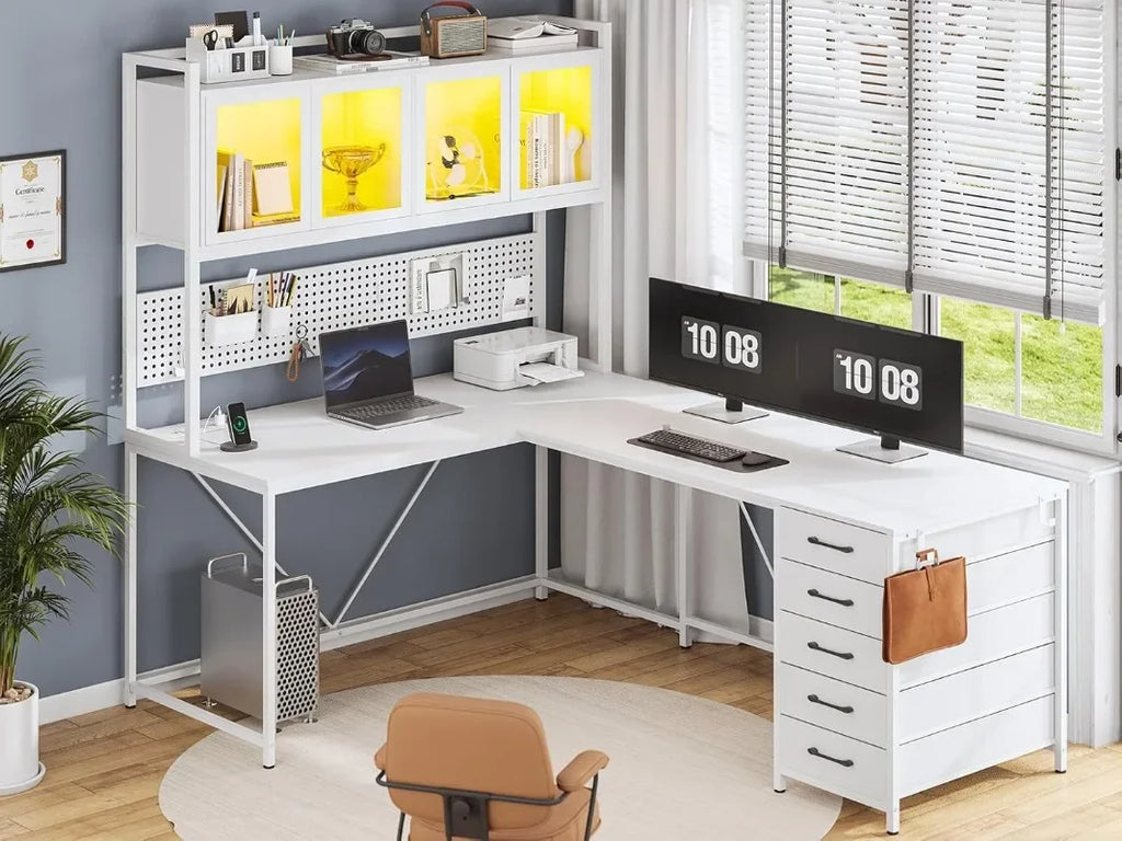SEDETA L Shaped Gaming Desk with Drawers, L Shaped Computer Desk with Hutch and Storage Shelves, Gaming Desk with Pegboard,