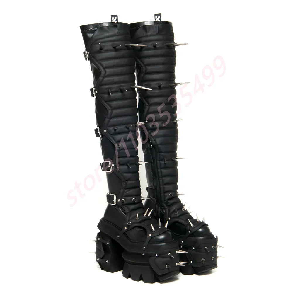 Thick Sole Rivets Weird Belt Buckle Motorcycle Boots 2025 Round New Punk Rock Over Knee Knight Boot Ins Style Fashion Party Boot