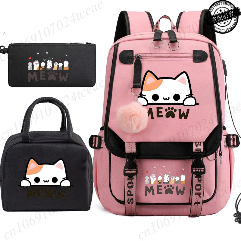 Teenager School Backpack for Students Daily Bagpack Backpacks for Girl Black Cat Cartoon School Bag with Pen Lunch Bags 3pcs/set