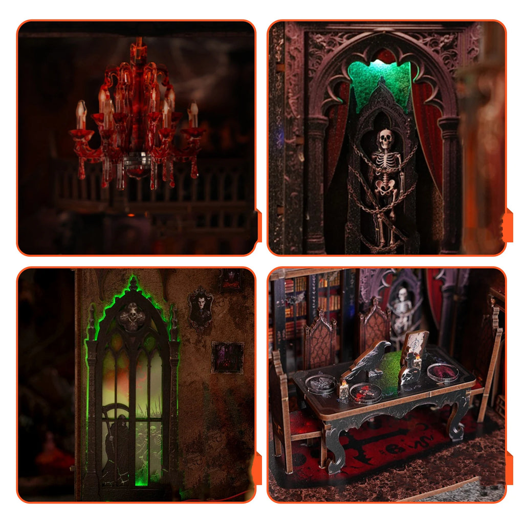 DIY Wooden Book Nook Shelf Insert Kit Halloween Dark House Bookend Miniature Model Kits Bookshelf with Light for Friends Gifts