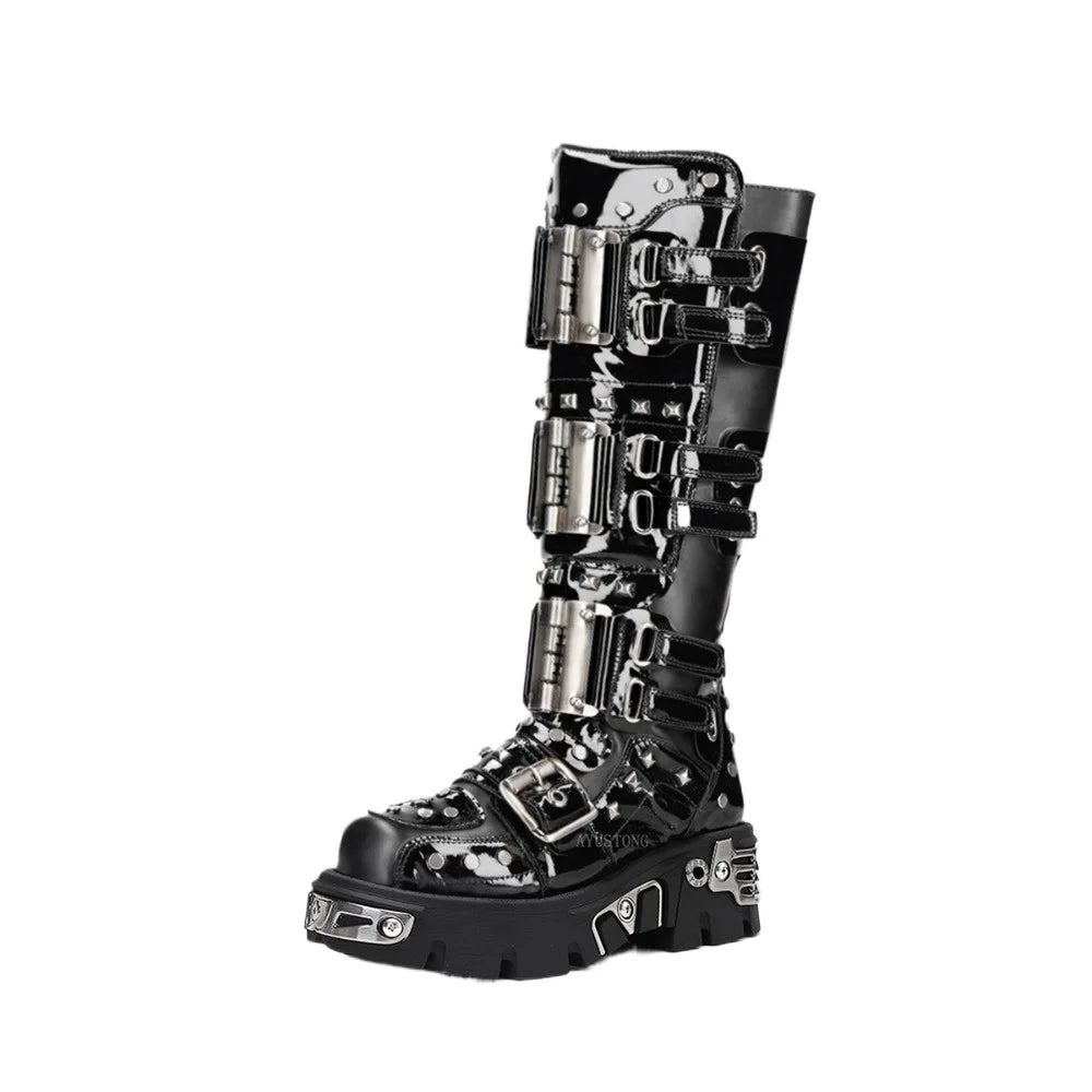 Fashion Men's Genuine Leather Motorcycle Boots Metal Goth Punk Knee High Boots Round Toe Thick-sole Spanish Street Rock Shoes