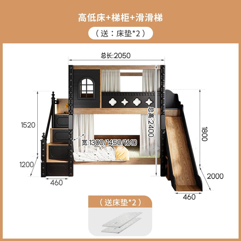 *-For Medieval style bed on and off the bed, double-layer all-solid wood upper and lower bunk thikened, high and low do no
