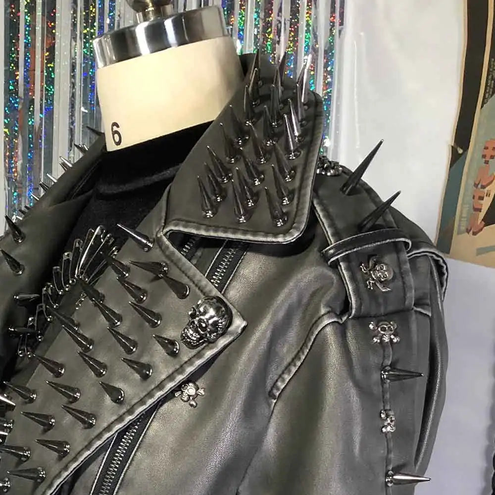 Women's Y2K Goth Black PU Leather Jacket with Spikes  Studded Gothic Emo Spiked Clothing Punk Rock Grunge Rave Festival Coat