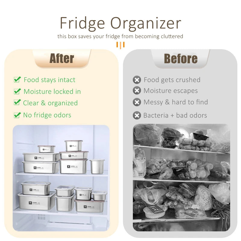 Snainy Pure 304 Stainless Steel Kitchen Fridge Oganizer Micro-vacuum Preservation Crisper Microwave-safe Glass Cover Bento Box