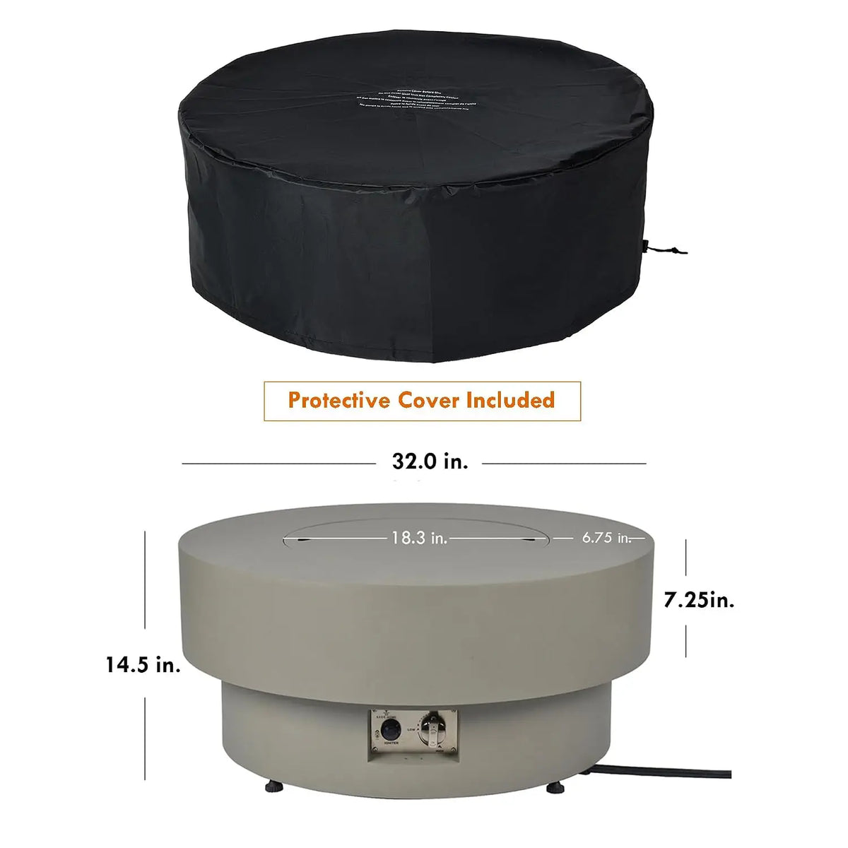 Propane Outdoor Fire Pit Table, Flint & Concrete Look 32-inch Round Patio Propane Fire Table 50,000 BTU w/Lid, Glass, Custom