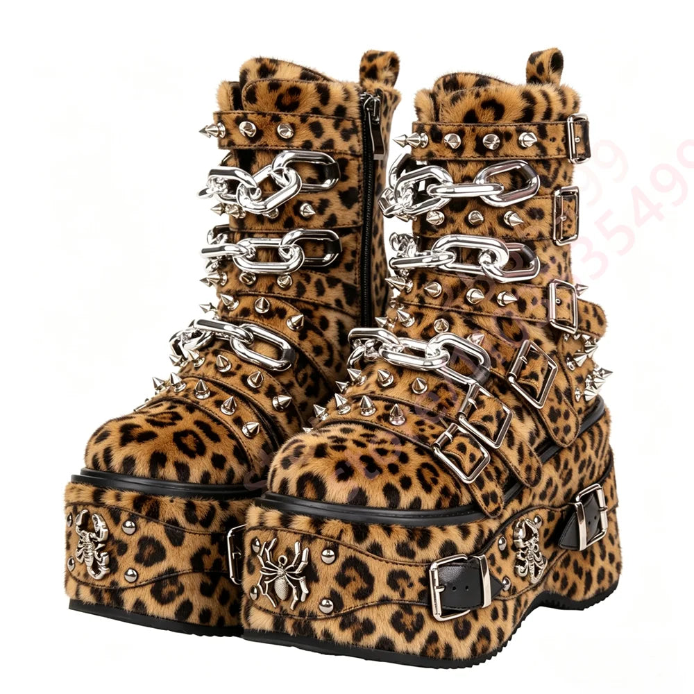Women Leopard Platform Ankle Boots Spikes Chain Multi‑Buckle Spider Scorpion Metal Gothic Punk Y2K Street Fashion Wedge Boots