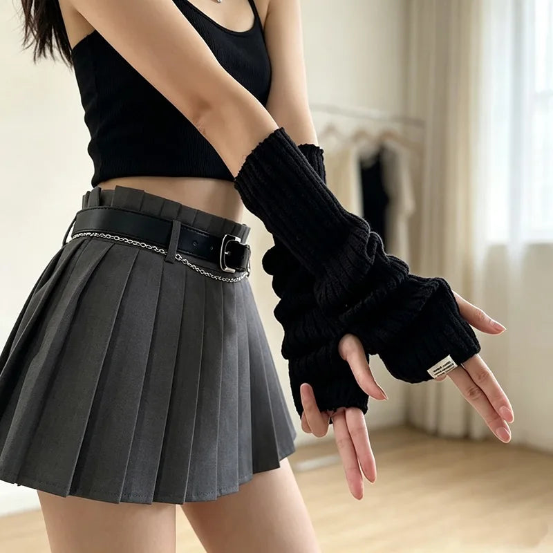 Women Fingerless Gloves Arm Warmers Goth Knitted Kawaii Lolita Style Gloves Wrist Sleeves Harajuku Mittens Y2K Black Accessories