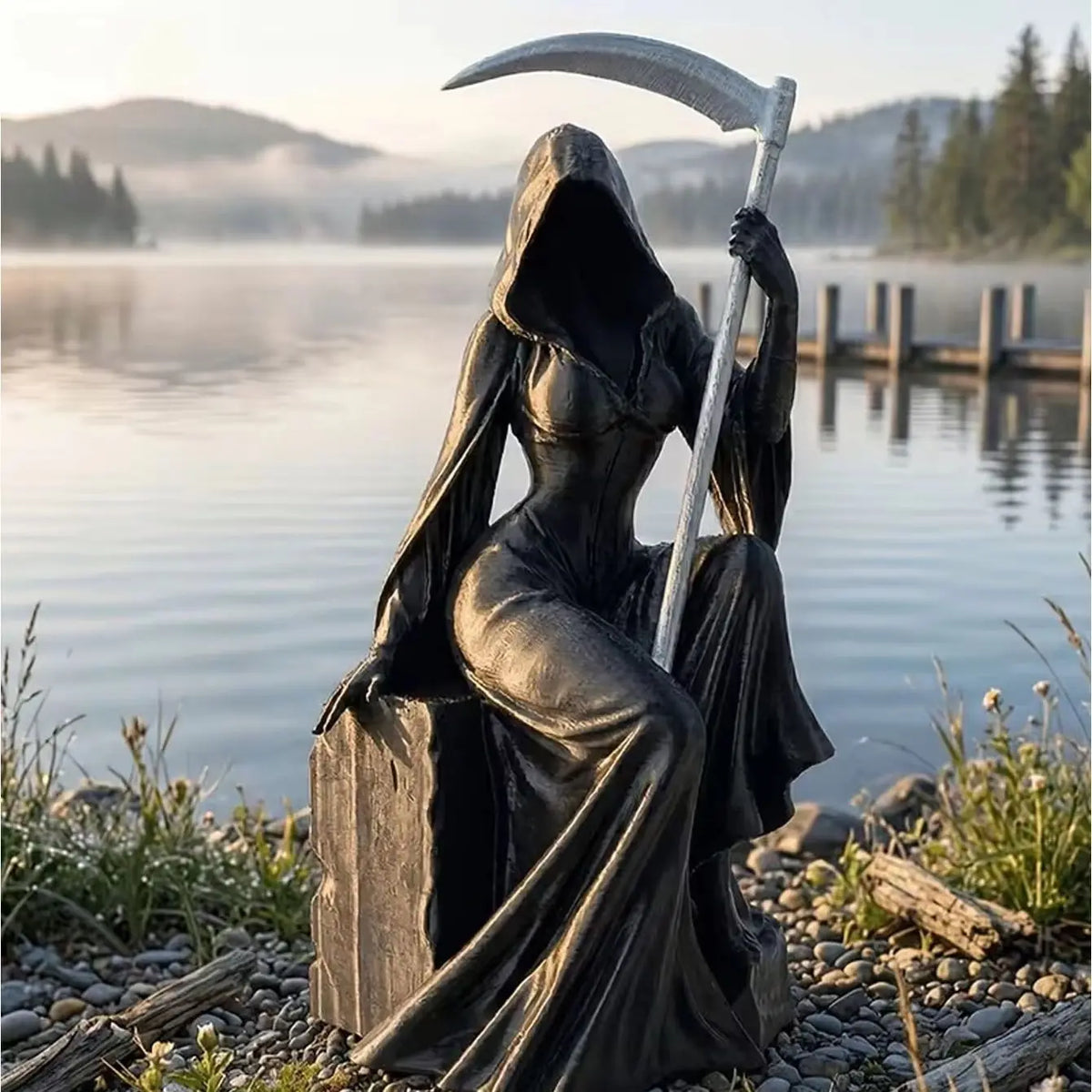 1 piece of dark seated female Grim Reaper ornament, sickle and pocket robe shaped artistic statue, niche style accessory