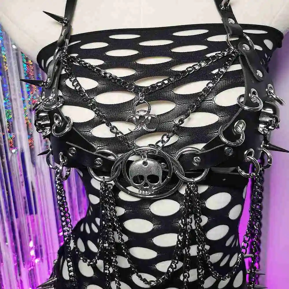 Women's Y2K Goth Top Emo Clothing Gothic O Ring Boho Tank Top with Spikes Punk Rock Style for Teens Rave Festival Grunge T-Shirt