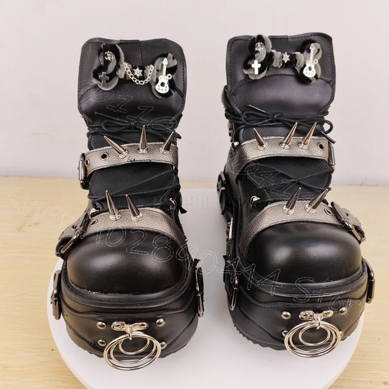 Silver Buckle Spikes Black Round Toe Platform Boots Slip On Women Shoes High Top Fashion Party Banquet 2025 Zapatos Para Mujere