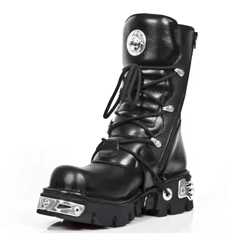Men's Fashion Genuine Leather Motorcycle Boots Goth Skull Punk New Unisex Mid-calf Cowboy Boots Metallic Combat Boots