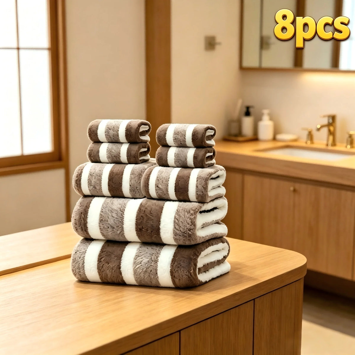 8 Piece Durable Decorative Two Tone Striped Towel Set Ultra Soft Lint Free Breathable Skin Friendly Quick Drying High Absorbency Bathroom Towels for Home Hotel Guest Bathroom 2 Bath 2 Face 4 Hand Towels Included