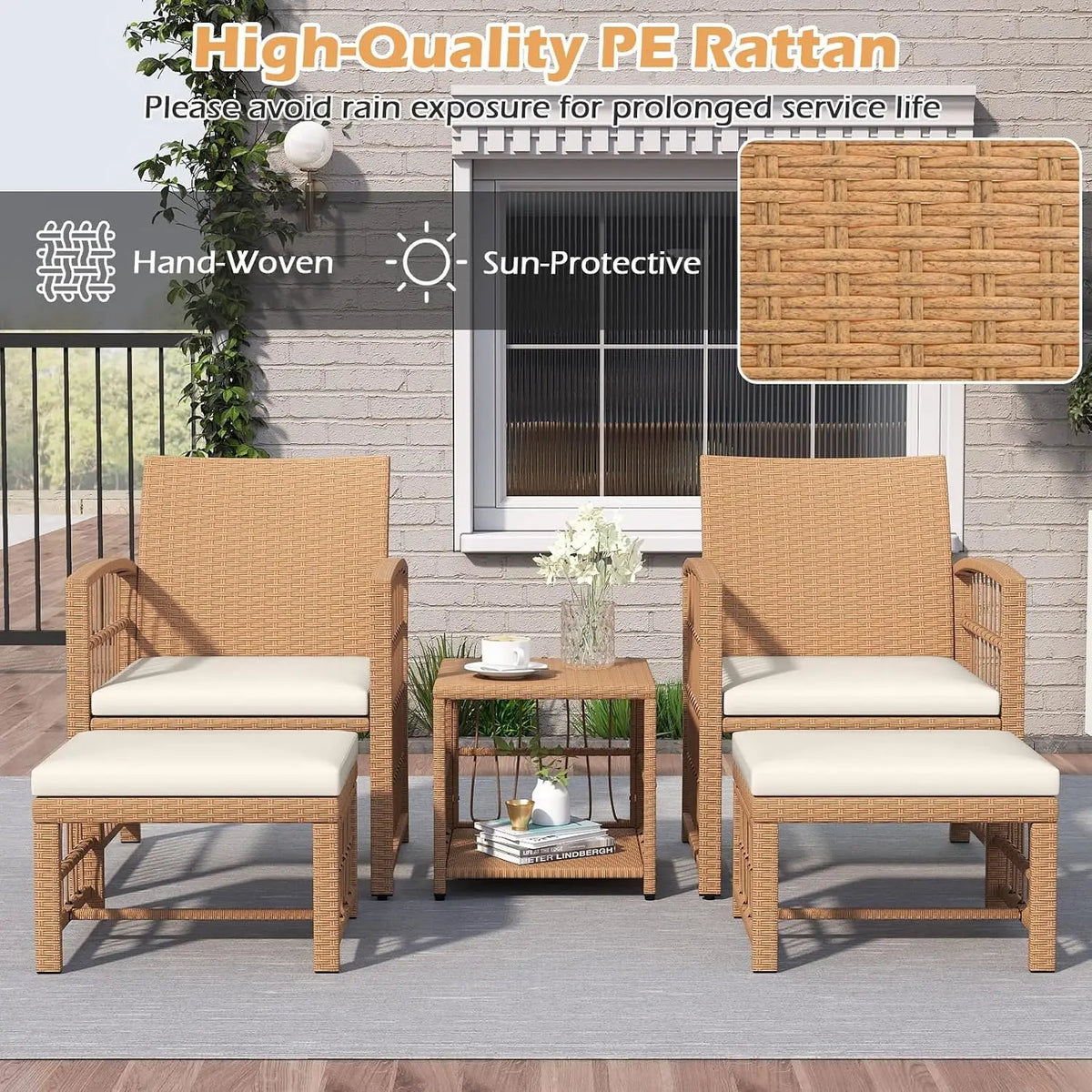 5 Pieces Patio Wicker Conversation Set, Outdoor Furniture Set with 2 Armchairs, 2 Ottomans & 2-Tier Side Table,, Customized