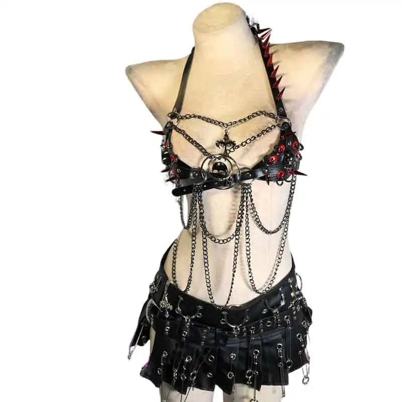 Gothic Emo Punk Woman Top with Spikes Alternative Grunge PU Leather Tank Y2K ALT Harnesses Gothic Clothes for Women 90s Party