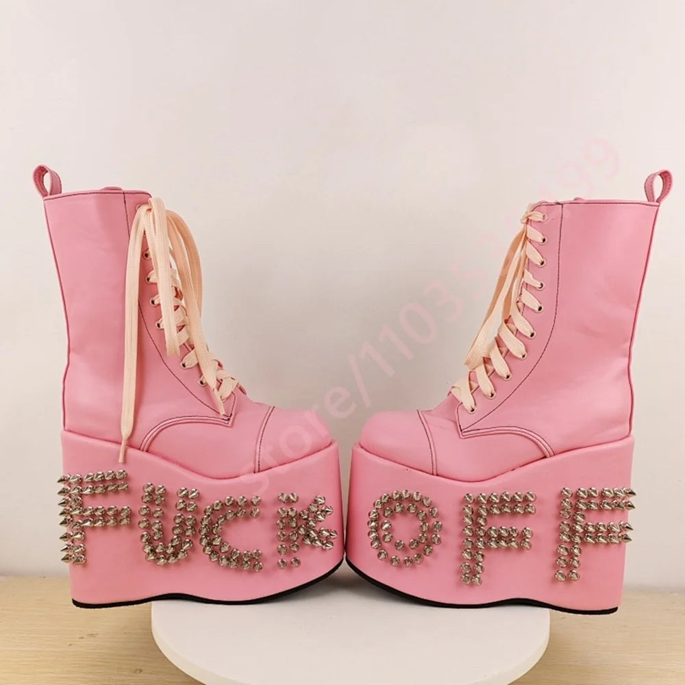 Punk Platform Studded Stage Boots 2025 New Street Rock Lace-Up Wedge Motorcycle Boots Fashion Cool Girl Party Casual Long Boots