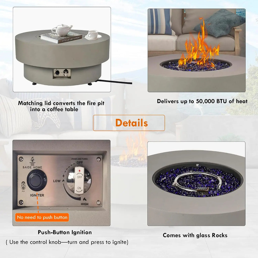 Propane Outdoor Fire Pit Table, Flint & Concrete Look 32-inch Round Patio Propane Fire Table 50,000 BTU w/Lid, Glass, Custom