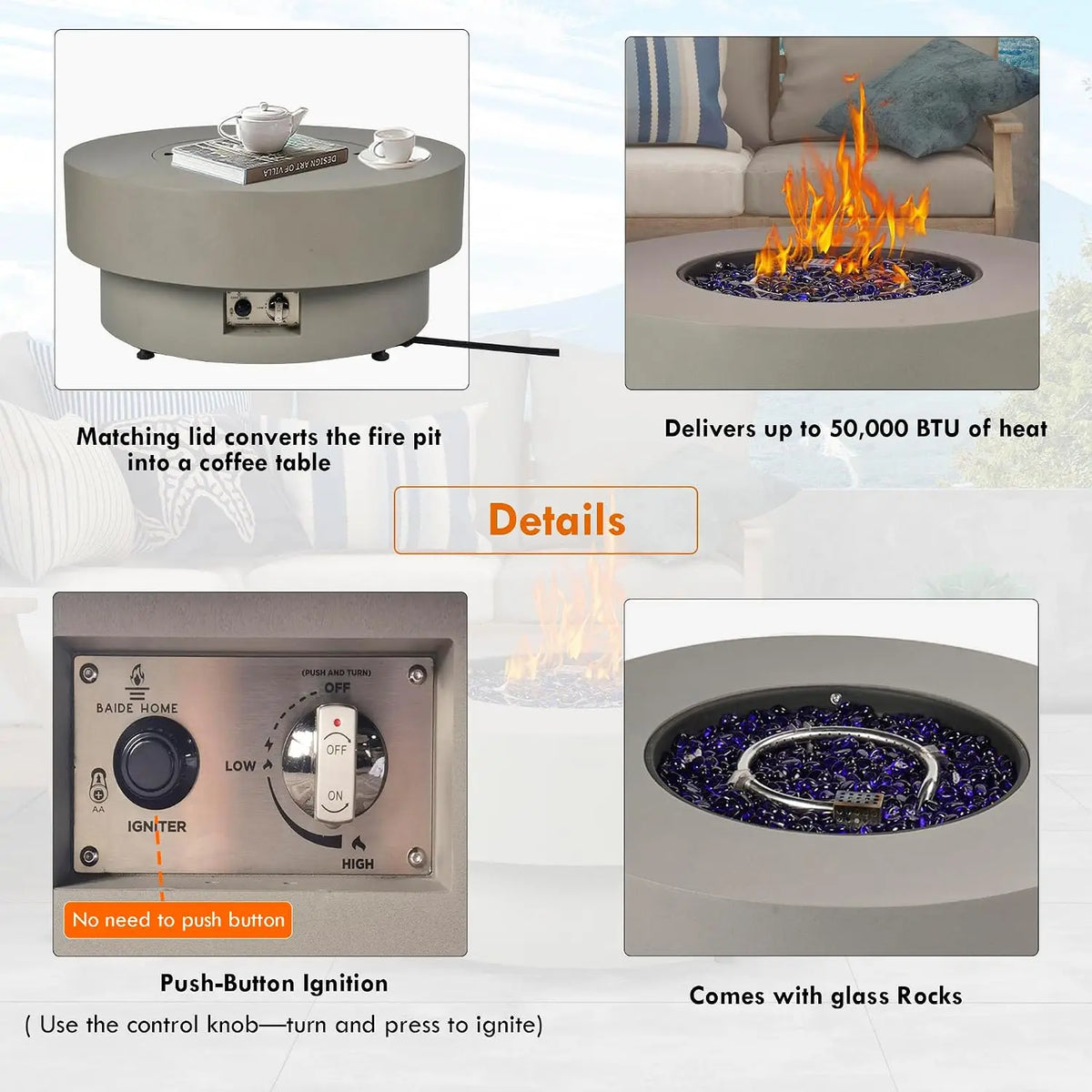 Propane Outdoor Fire Pit Table, Flint & Concrete Look 32-inch Round Patio Propane Fire Table 50,000 BTU w/Lid, Glass, Custom