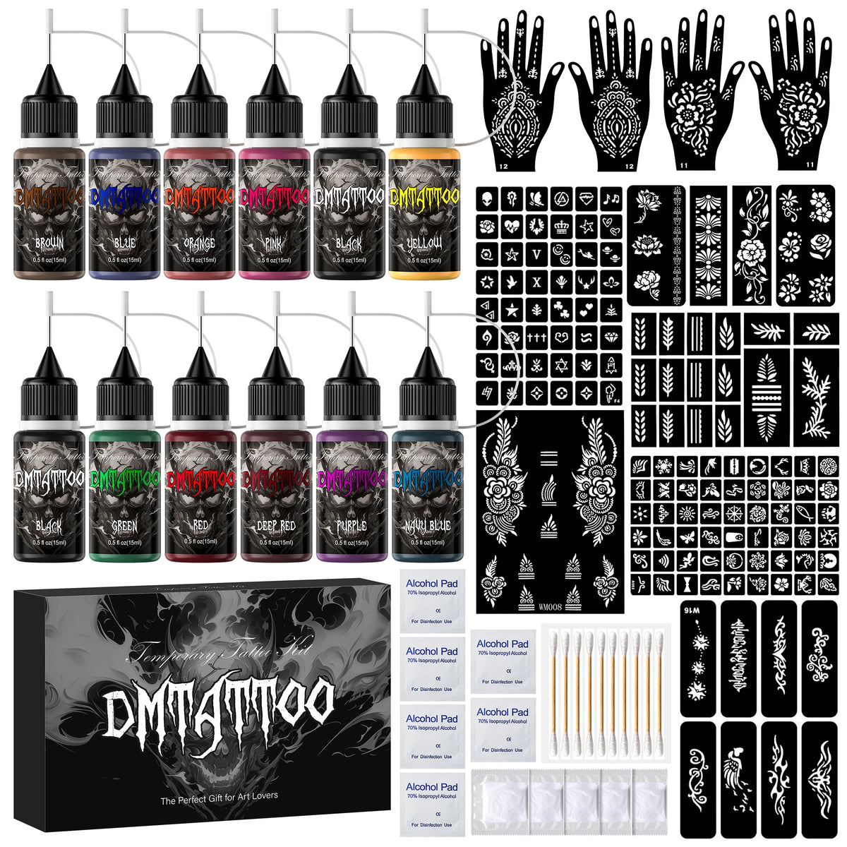 Temporary Tattoo Kit Semi Permanent Tattoo 6/12 Bottles Color Temporary Tattoo Ink 145/176 Pcs Stencils Kit for DIY Fake Tattoos