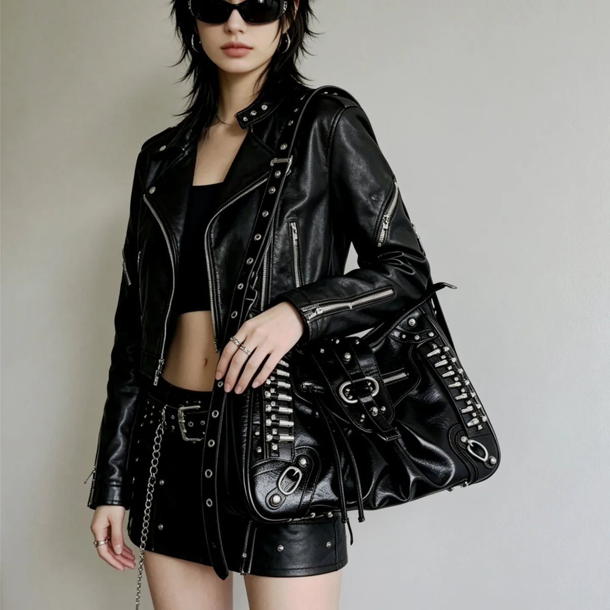 Punk Locomotive Bag Black Large Capacity Punk Tote Rivet Shoulder Bags for Women's Crossbody Bag