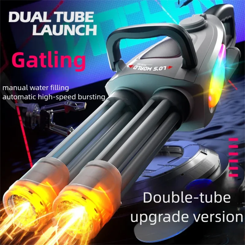 Automatic Gatling Water Gun Toy Double Rotating Gun Barrel with Light Spray Water Pistol Blaster Pool Outdoor Toy for Kids Adult