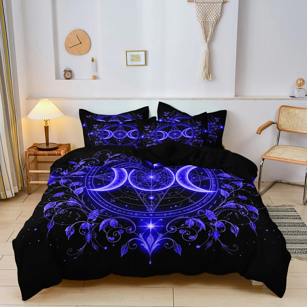 3pcs Set Gothic Triple Moon Starry Duvet Cover, Delicate Purple Botanical Mandala Bedding,  For Themed Hotel & Dorm Decoration