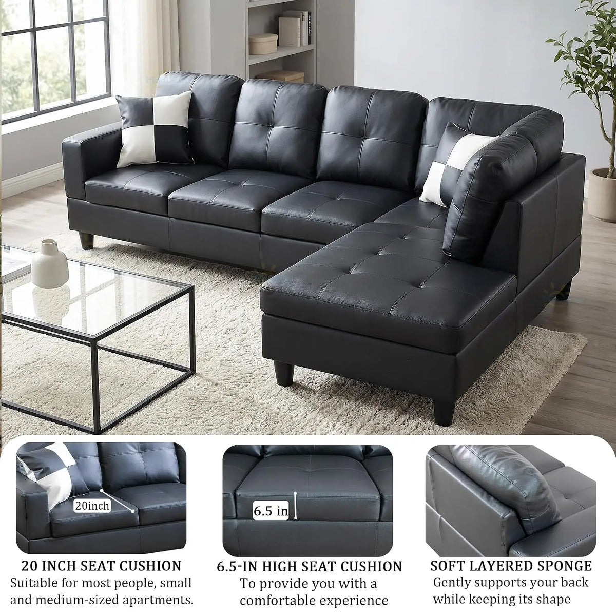 L-Shaped Combination Sofa Set, Luxurious Synthetic Leather Living Room Sofa, Suitable for Living Rooms, Bedrooms,, Customized