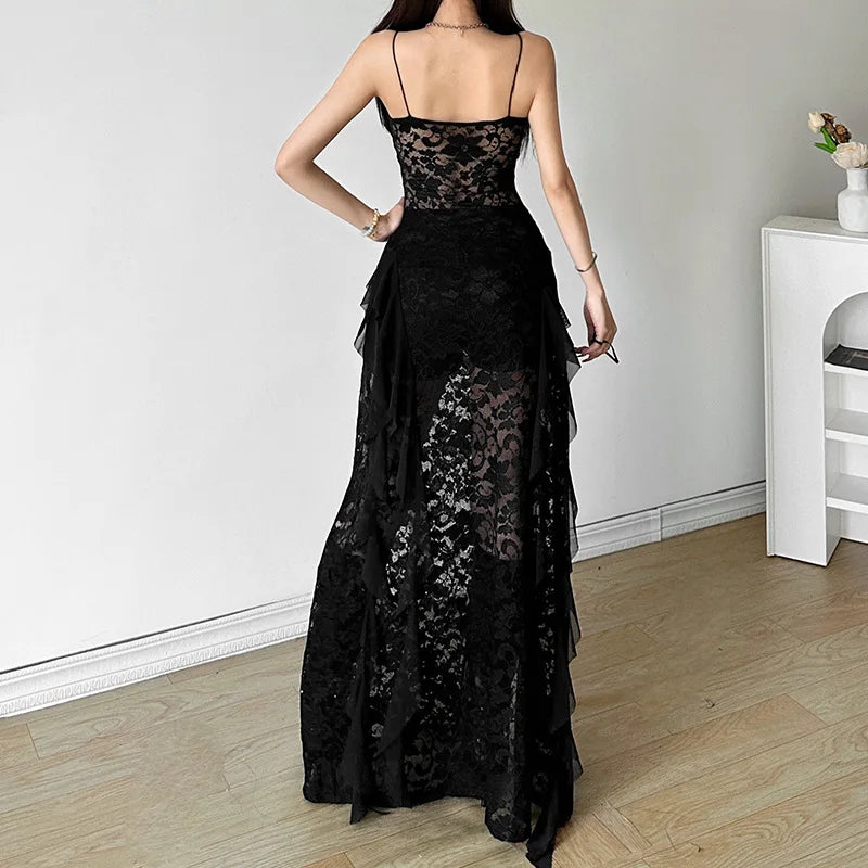 Goth Dark Spaghetti Strap Mesh See Through Long Dress Women Fairycore Beach Outfits Y2K Gothic Aesthetic Hem Split Party Dresses