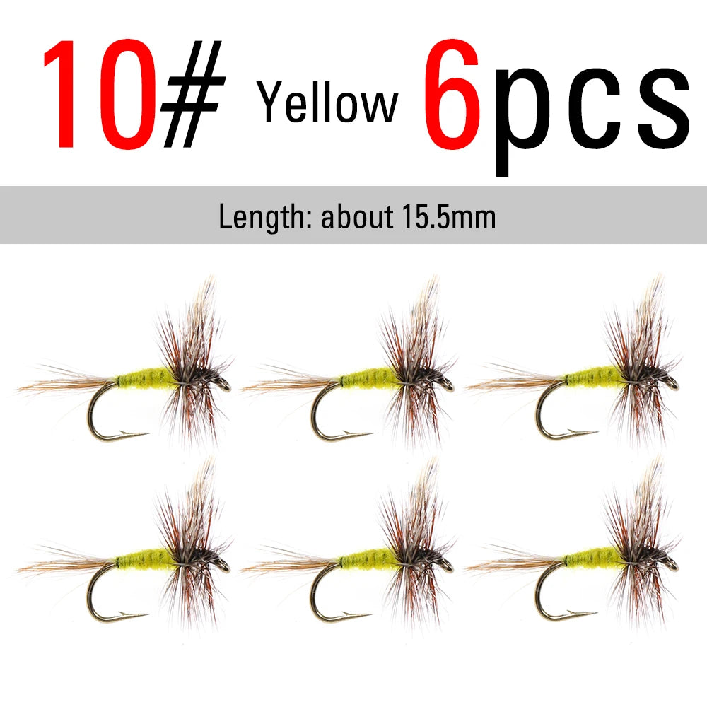ICERIO  6pcs #10 - #18 Yellow / Grey Adams Dry Flies Caddis Midge Adult Mayfly Trout Fishing Lure Bait
