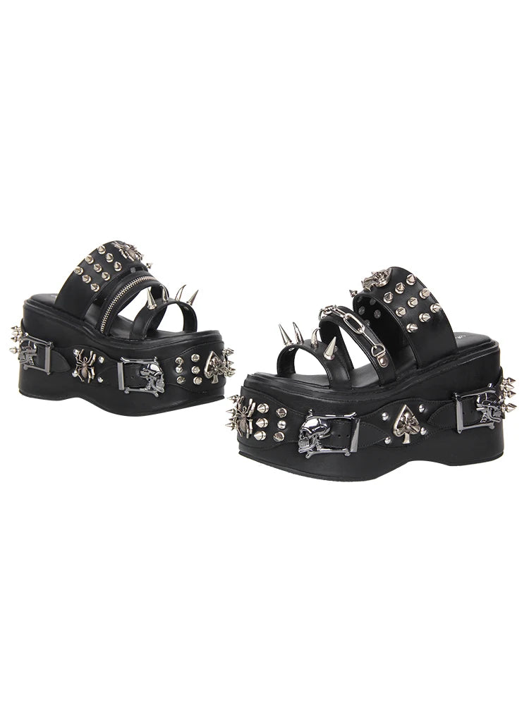 2026 New Product Lolita Heavy Industry Rivet Decorative High Heels Sweet Retro Lolita Gothic Style Sponge Slippers