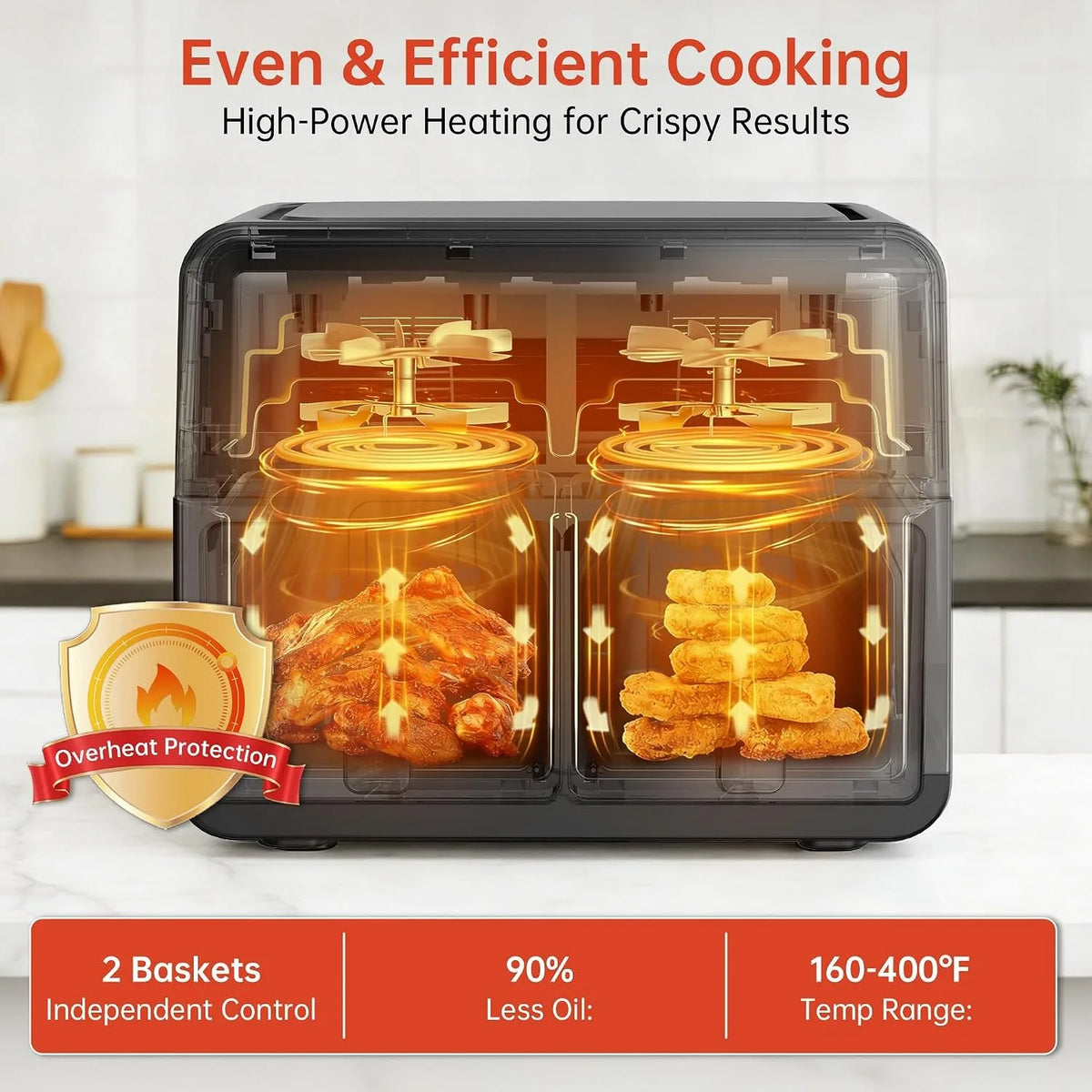 Deli 9.5QT Dual Basket Air Fryer 7-in-1 with 2 Ceramic Independent Baskets Smart Finish Digital Touchscreen for Easy Meal
