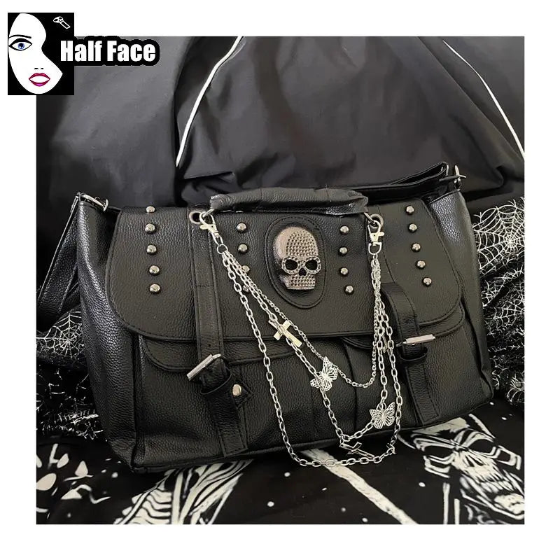 Y2K Spicy Girls Harajuku Gothic Punk Skeleton Head Chain Locomotive Subculture One Shoulder Lolita Women's Crossbody Bags Tote